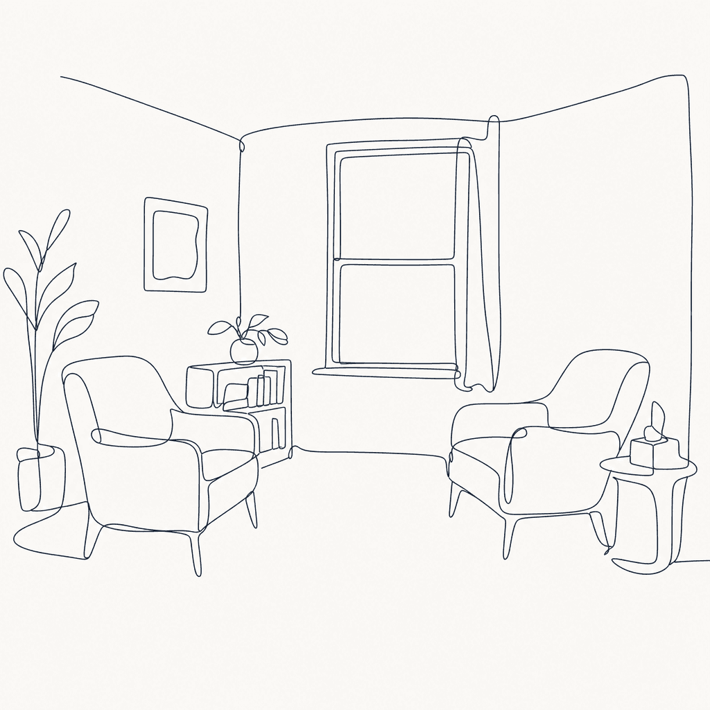 Dessin au trait d’un cabinet de consultation, deux fauteuils face à face
